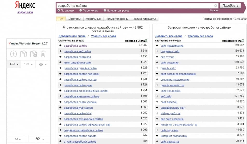 Для сбора ключевых слов воспользуйтесь сервисом Wordstat Для сбора ключевых слов воспользуйтесь сервисом Wordstat